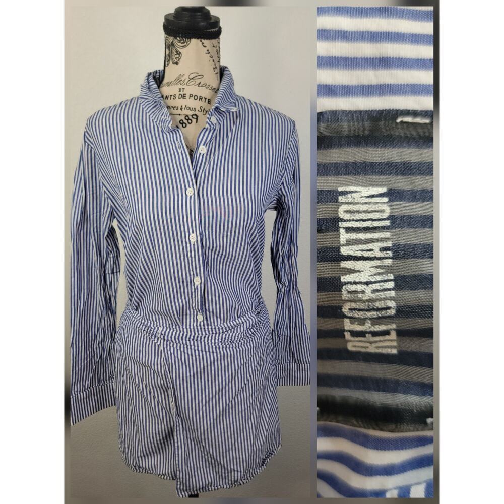 Reformation Button Up Shirt Sz XS Wrap Skirted Shirt Striped Blouse Longlined